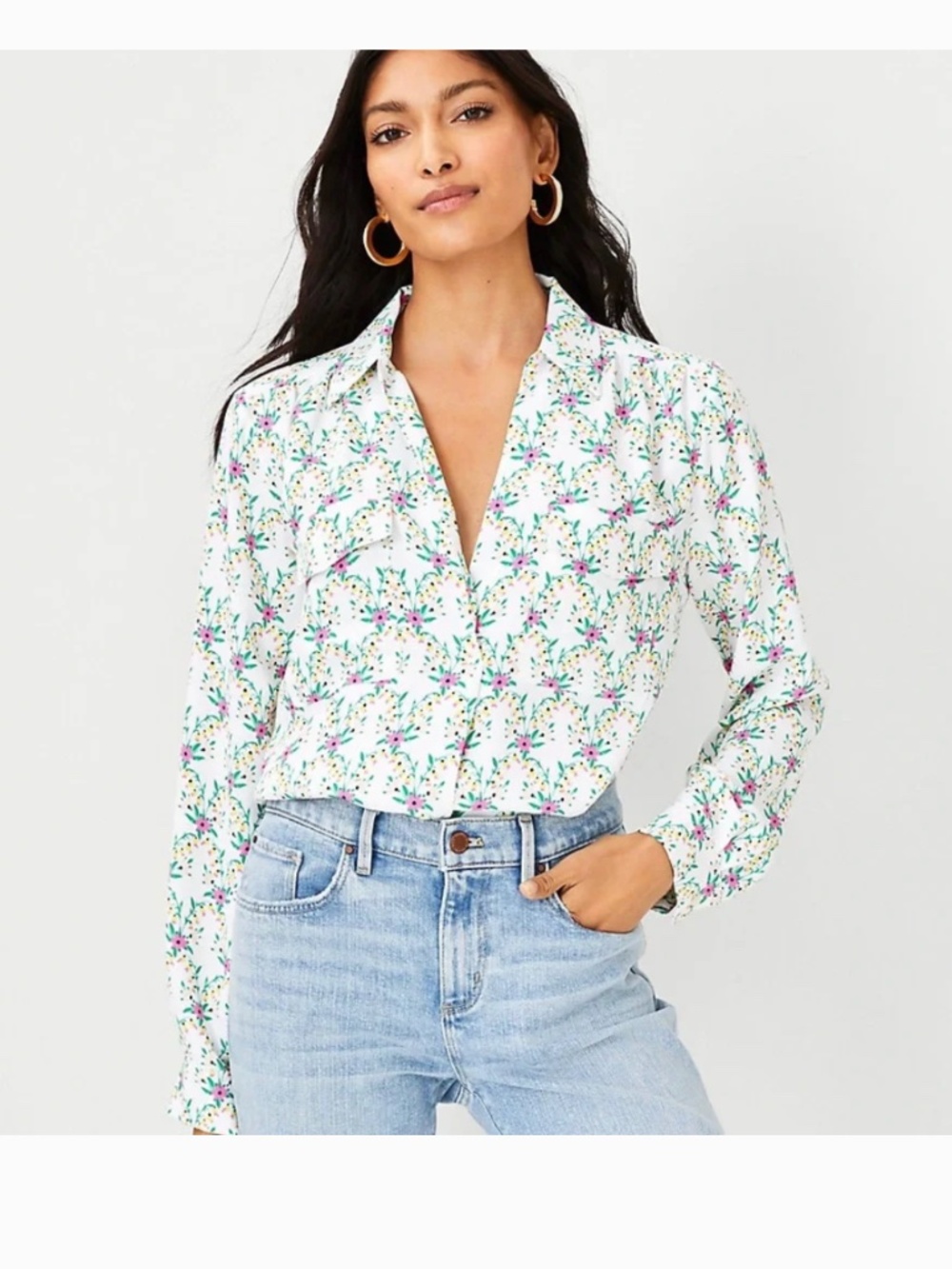 Ann Taylor Floral Camp Shirt Blouse Green Pink Yellow White Size Small Petite